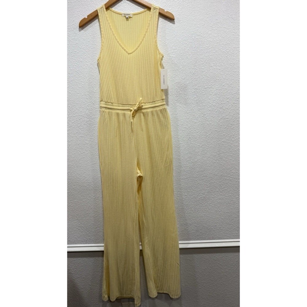 No Comment Women’s Small Yellow Ribbed Sleeveless Jumpsuit Wide Leg NWT